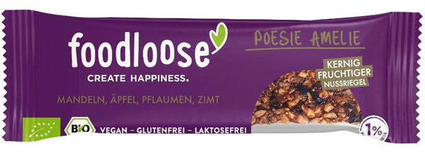 Produktfoto zu Poesie Amelie Bio-Nussriegel von foodloose mit Mandeln, Sonnenblumenkernen, Feigen, Walnüssen, Äpfeln, Pflaumen und Zimt.