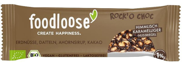 Produktfoto zu Rock O Choc Bio-Nussriegel von foodloose mit gerösteten Erdnüssen, getrockneten Datteln, Ahornsirup, Kakao, Bourbon-Vanille und Meersalz.