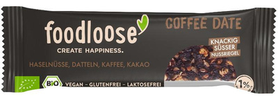 Produktfoto zu Coffee Date Bio-Nussriegel von foodloose mit gerösteten Haselnüssen, Kaffeebohnen, getrockneten Datteln, Kakao, Kokosblütenzucker und Meersalz